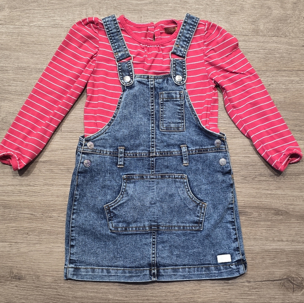 7 For All Mankind Denim Overalls with Red Striped Top